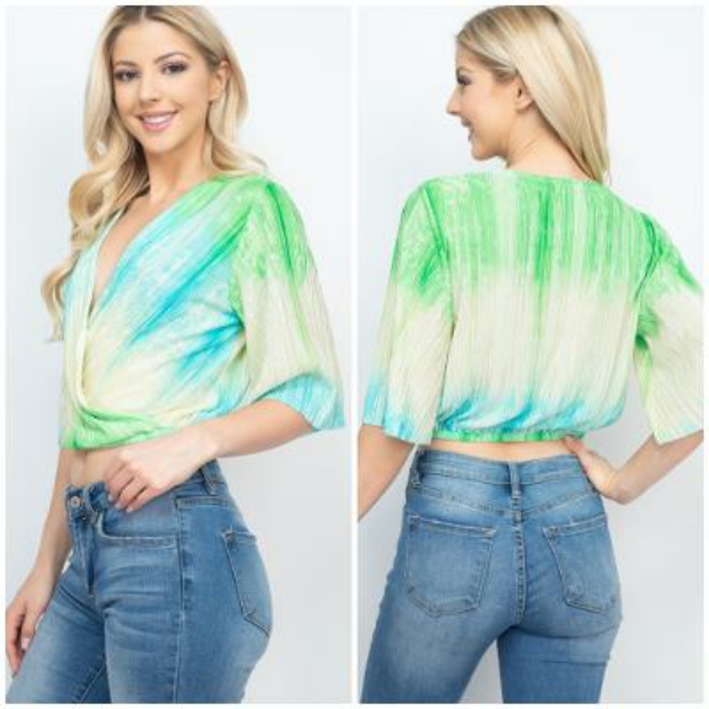 Blue Blush On Trend Tie-dye Surplice Crop Top